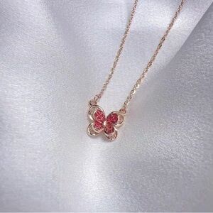 Elegant Cold Tone & Pink Butterfly Pendant Necklace